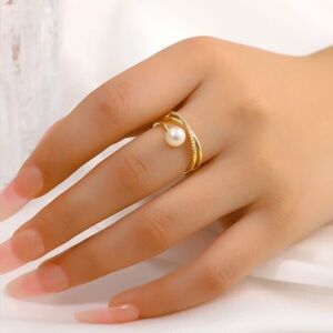 Veloura Gold Pearl & CZ Twist Ring | Adjustable Minimalist Jewelry